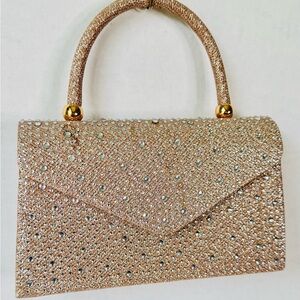 Elegant Rose Gold Crystal-Embellished Top Handle Bag